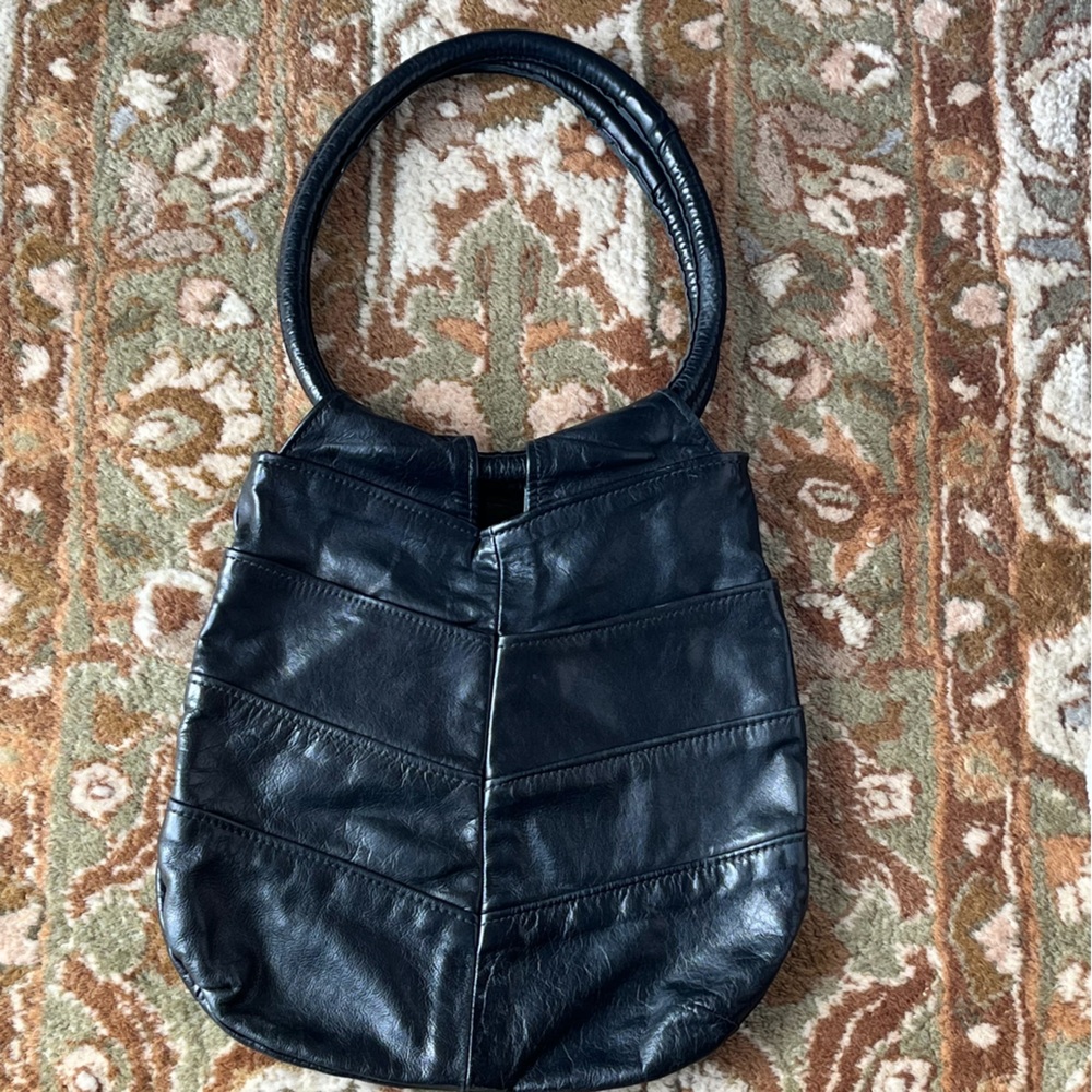 Georgetown Leather Design Chevron Boho Bucket Bag Rounded Handles Black Leather